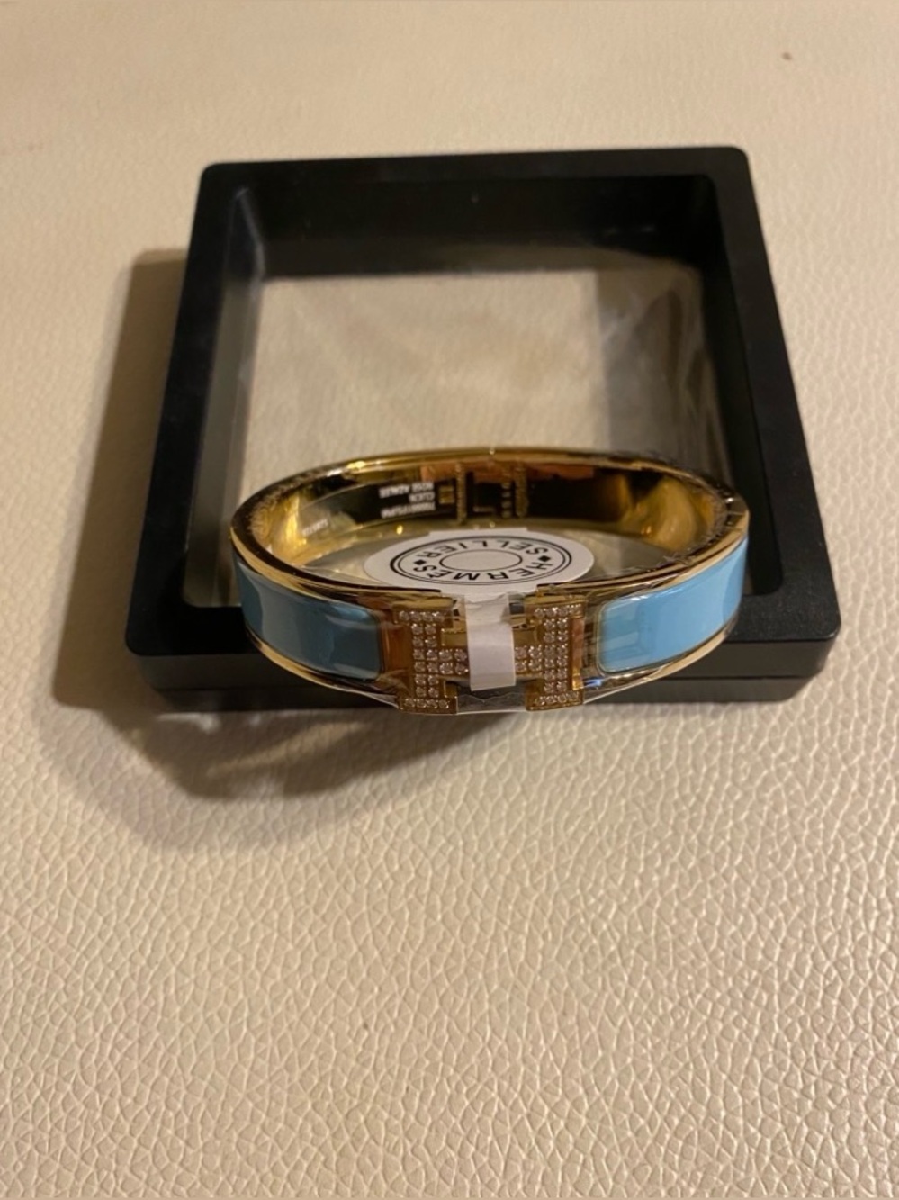 Rare Hermes Blue Enamel Diamond CZ Turn H Logo Clasp Gold Bangle Bracelet